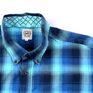 Cinch Mens Blue Teal Plaid Long Sleeve Western Button Down Shirt Large